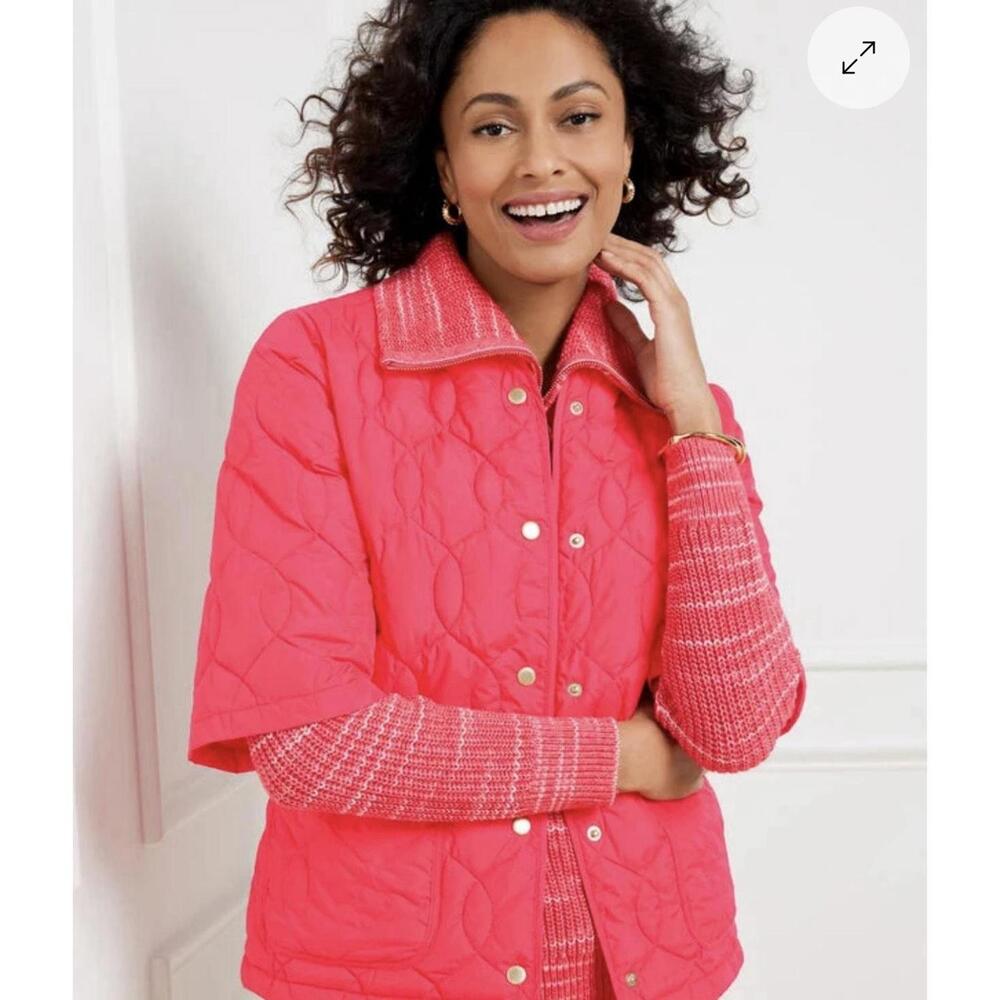 Talbots jacket womens large L coral pink puffer quilted short sleeve spring